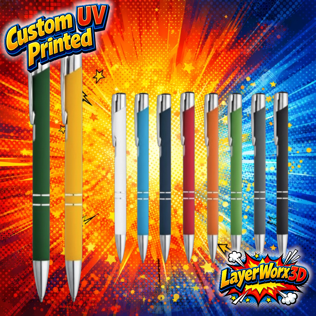Custom UV printed soft touch pen by Layerworx3d with a sleek design and smooth finish, perfect for branding or gifting.