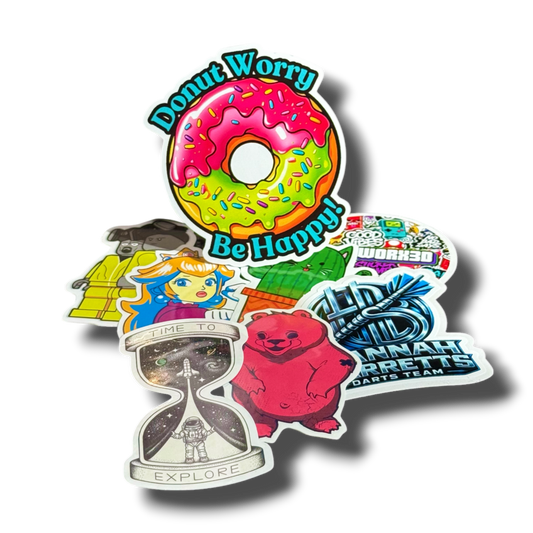 Layerworx3d die cut stickers featuring colorful, intricate designs on a white background, showcasing detailed, high-quality sticker art.