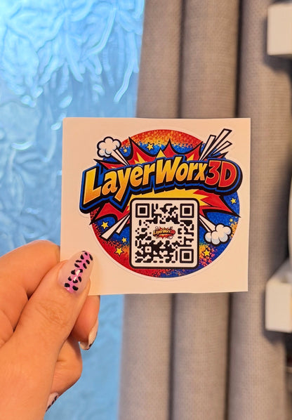 Custom shaped vinyl stickers from Layerworx3d featuring vibrant designs on a white background.