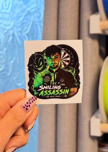 Custom shaped vinyl stickers by Layerworx3d featuring vibrant colors and unique designs on glossy adhesive surfaces.