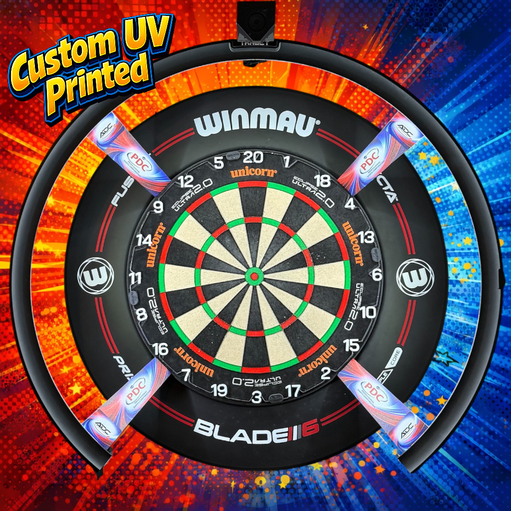 Custom UV printed Layerworx3d Dart target omni protective covers with vibrant, detailed designs for enhanced dartboard protection.