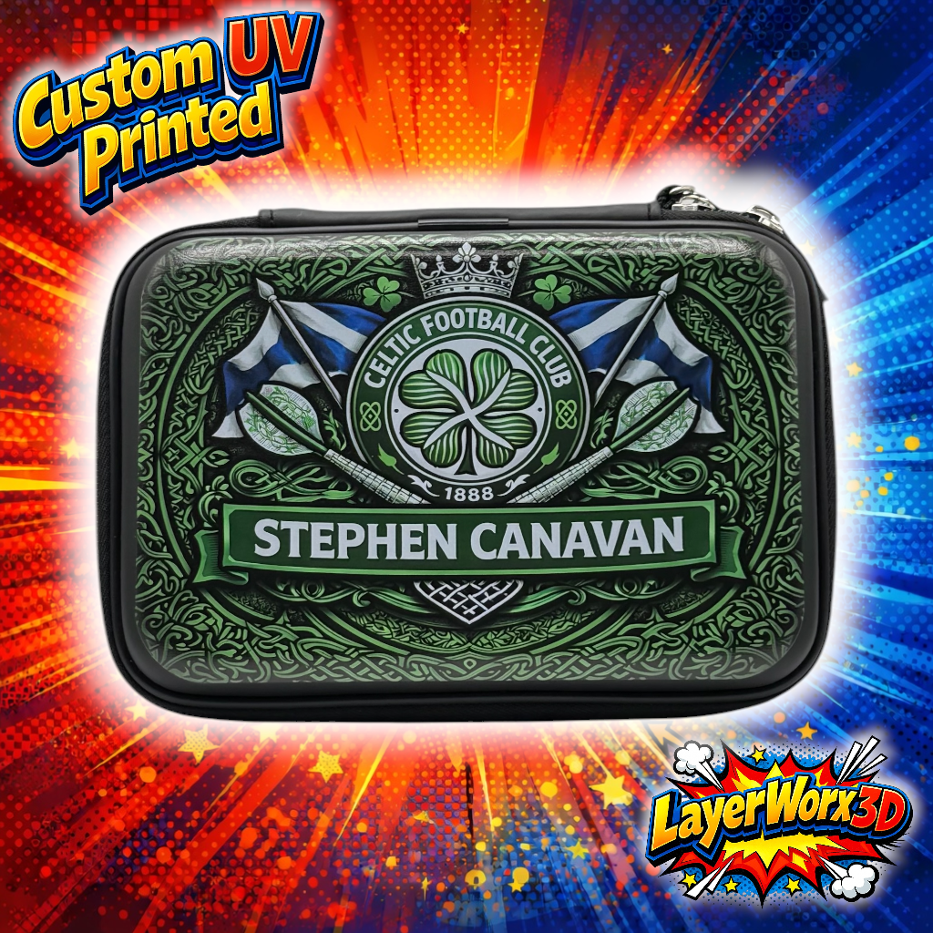 Layerworx3d UV printed darts case in soft shell EVA, designed to protect and carry darts securely.