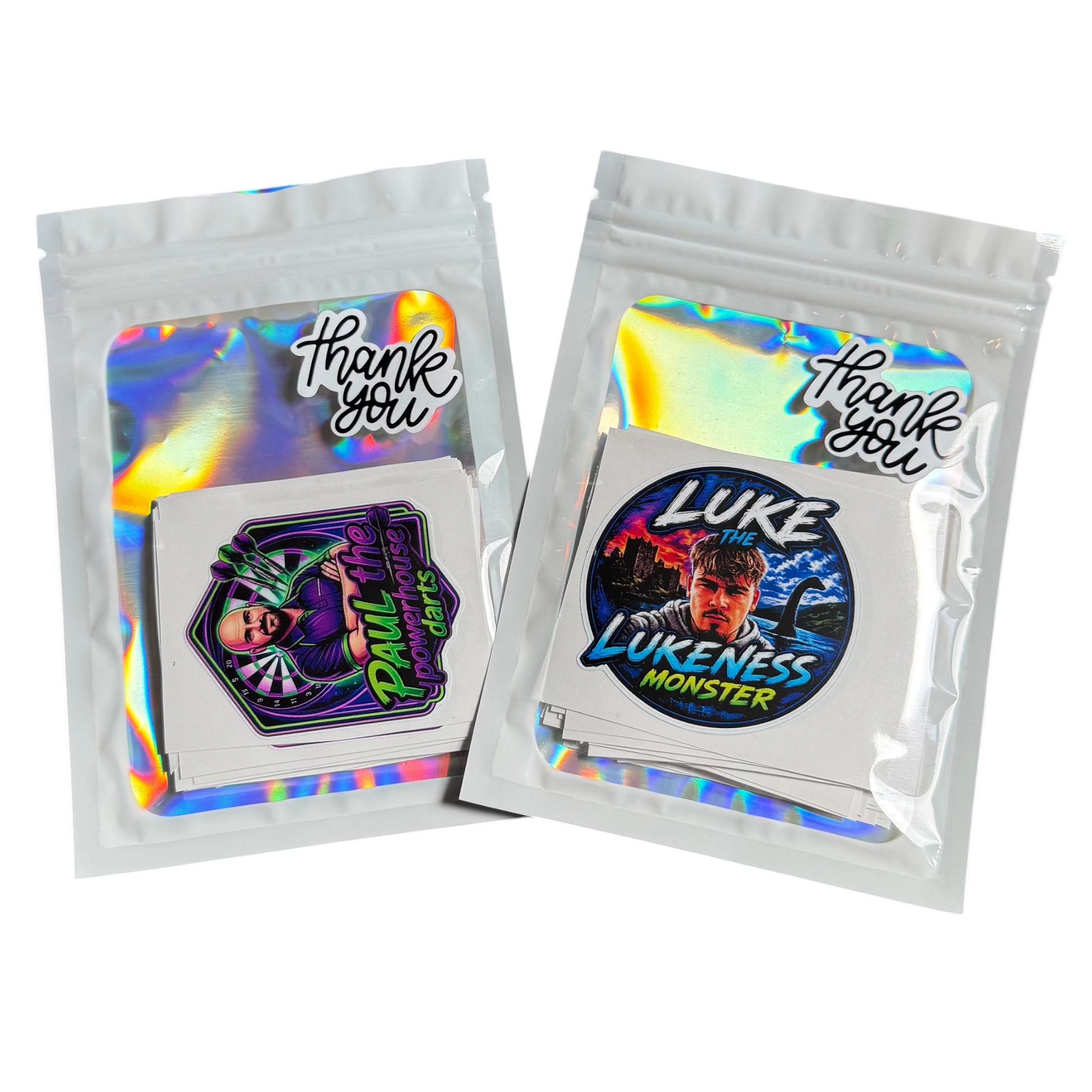 Custom shaped vinyl stickers from Layerworx3d featuring vibrant, durable designs on a white background.