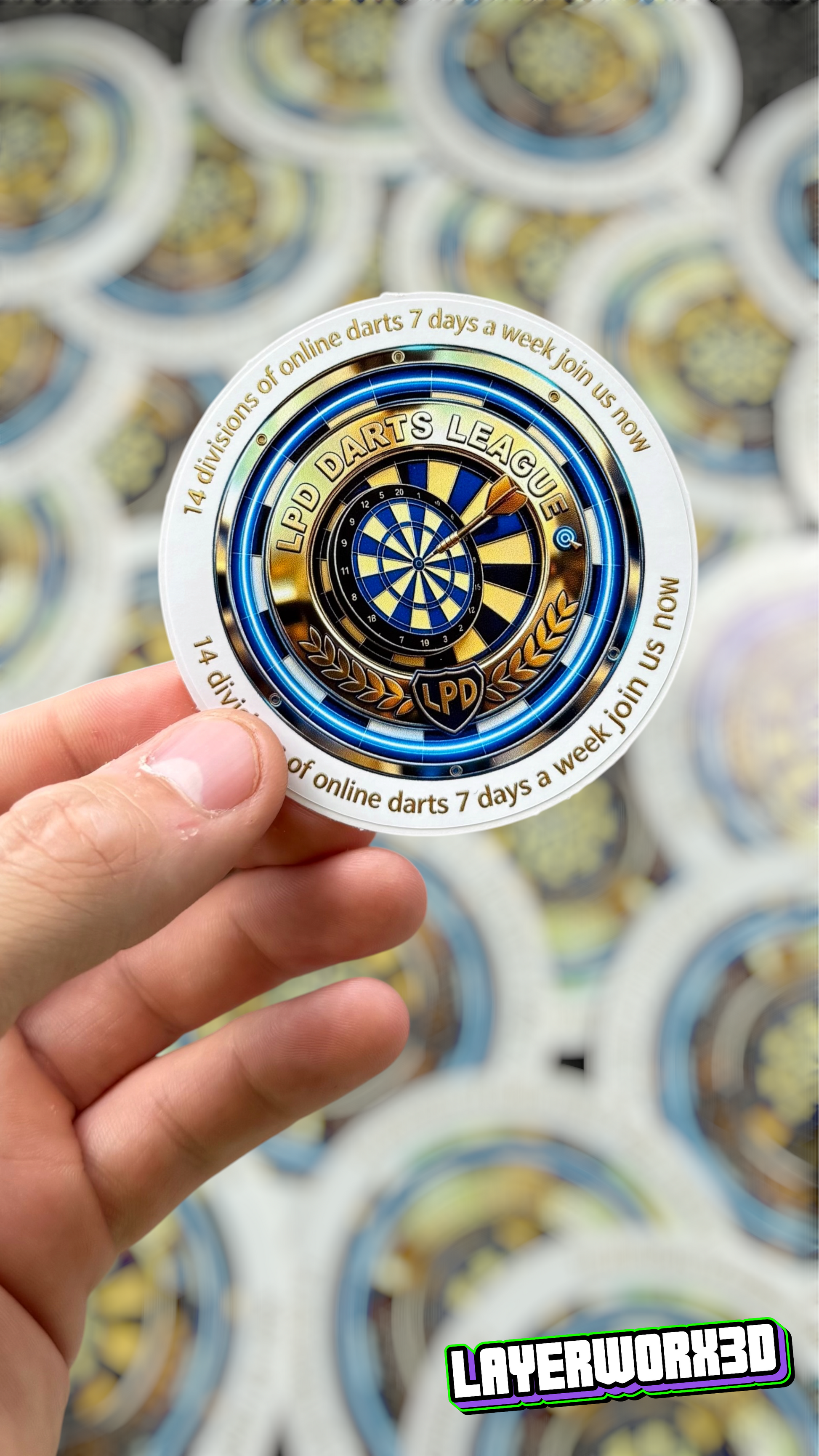 Layerworx3d custom die cut stickers featuring vibrant, uniquely shaped designs on a white background.