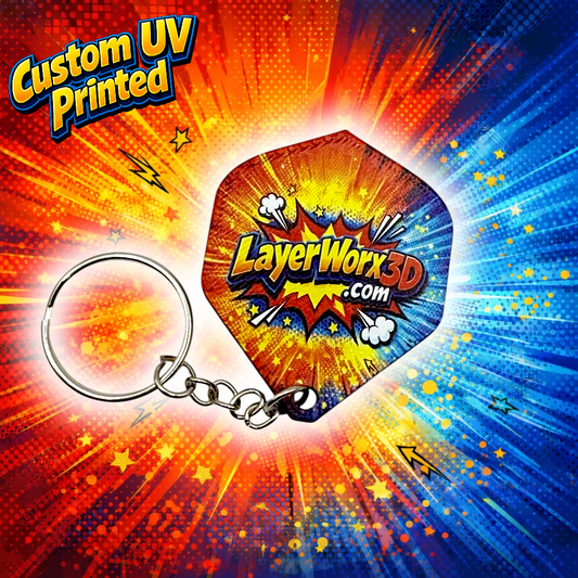 Custom UV printed dart flight keyring by Layerworx3d featuring vibrant printed dart flight design on a keyring.