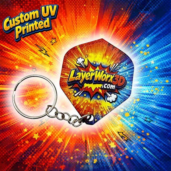 Custom UV printed dart flight keyring by Layerworx3d featuring vibrant printed dart flight design on a keyring.