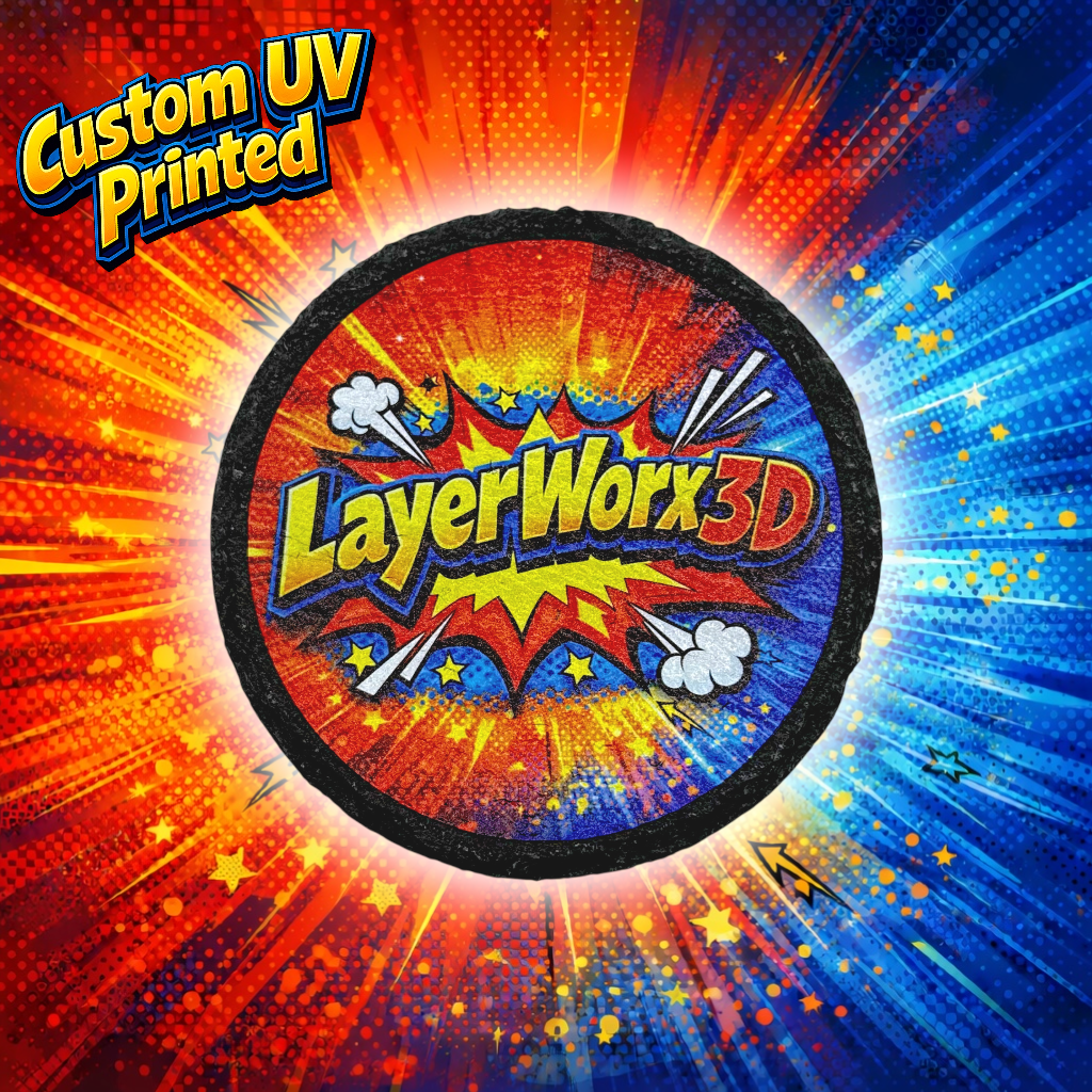 Layerworx3d custom UV printed slate coaster with intricate design and smooth edges, showcasing a durable and stylish drink accessory.