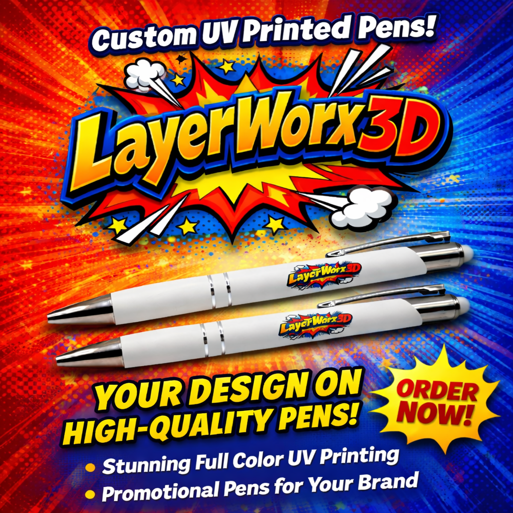 Custom UV printed soft touch pen by Layerworx3d with a sleek design and smooth finish on a white background.