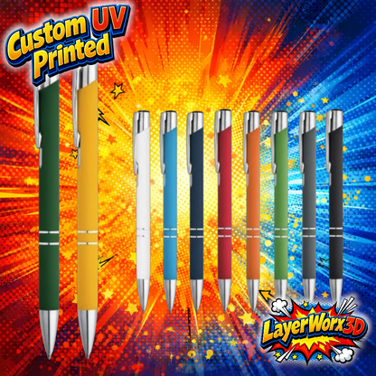 Custom UV printed soft touch pen by Layerworx3d with a sleek design and smooth finish, perfect for branding or gifting.