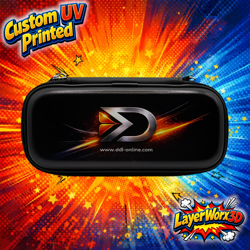 Layerworx3d UV printed darts case made of soft shell EVA, designed to store and protect darts with custom printed graphics.