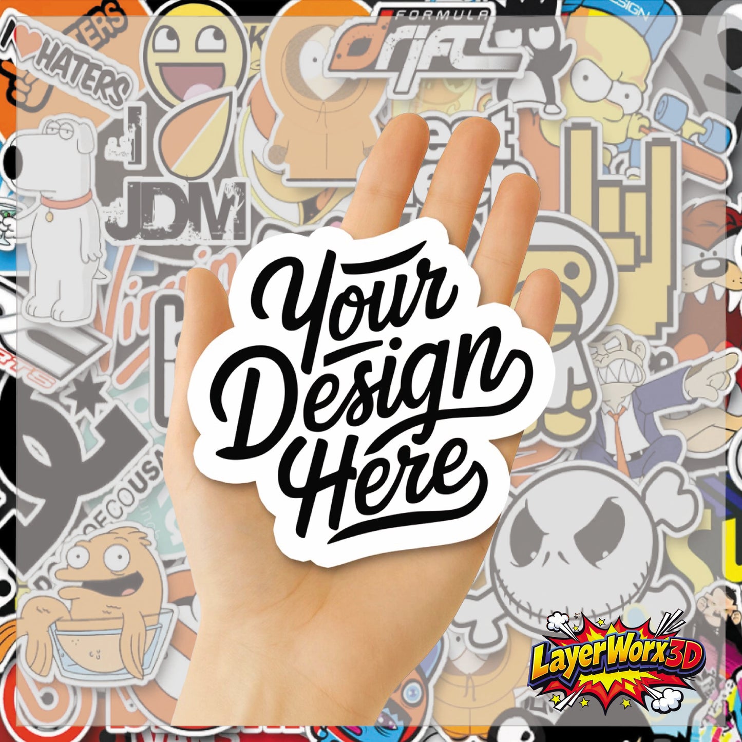 Custom shaped vinyl stickers featuring the Layerworx3d logo on a clear background, perfect for personalized decorating.