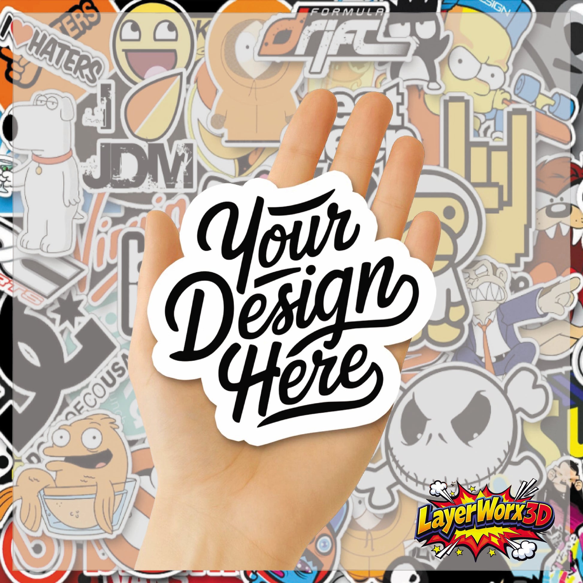 Custom shaped vinyl stickers featuring the Layerworx3d logo on a clear background, perfect for personalized decorating.