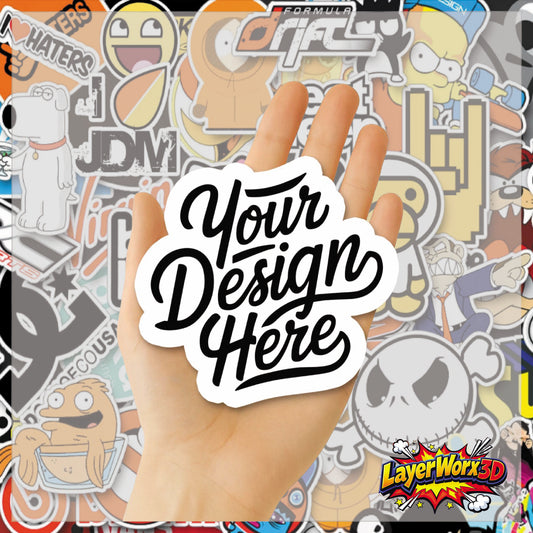 Custom shaped vinyl stickers featuring the Layerworx3d logo on a clear background, perfect for personalized decorating.