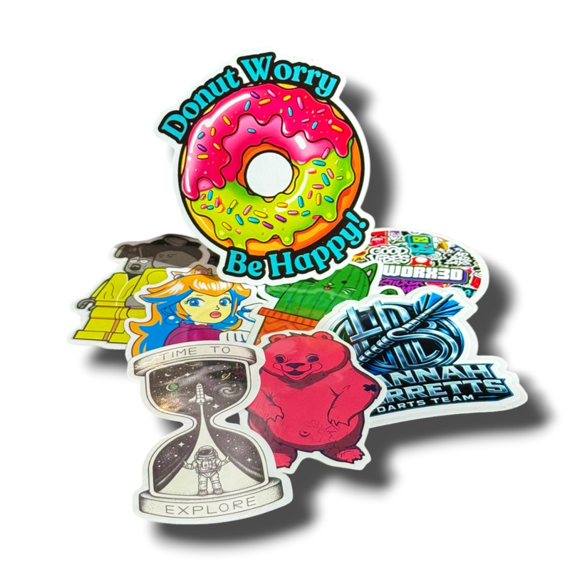 Layerworx3d die cut stickers featuring colorful, intricate designs on a white background, showcasing detailed, high-quality sticker art.