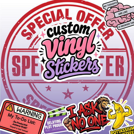 SPECIAL OFFER - 50x Gloss Custom Shaped Vinyl Stickers Cars, Laptops, Water bottles etc...