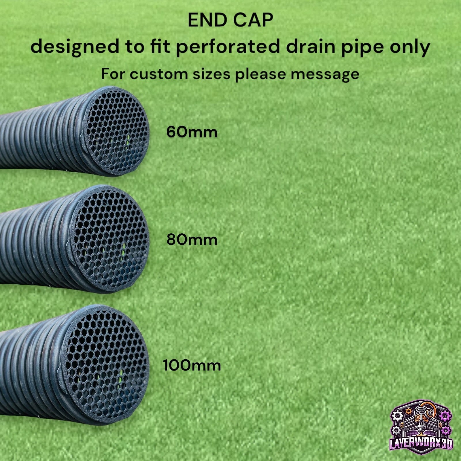 End Cap for 60/80/100mm Perforated Land Drain Pipe - Layerworx3d
